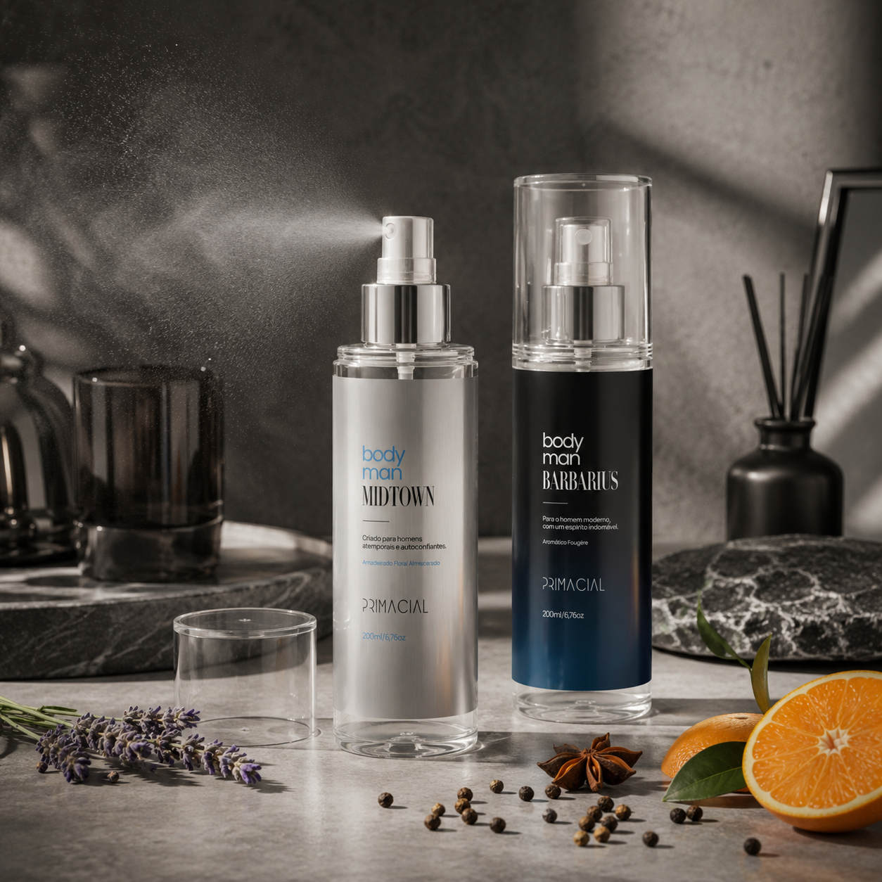 Kit em ambiente sofisticado com aromas cítricos e amadeirados