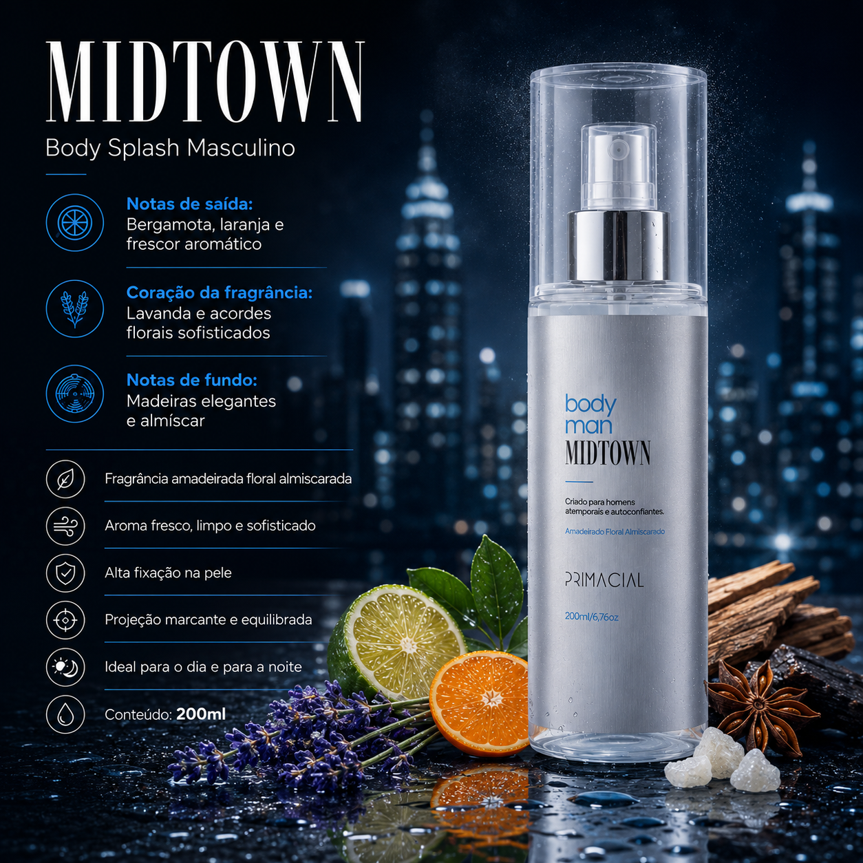Body Splash Midtown - fragrância amadeirada floral almiscarada